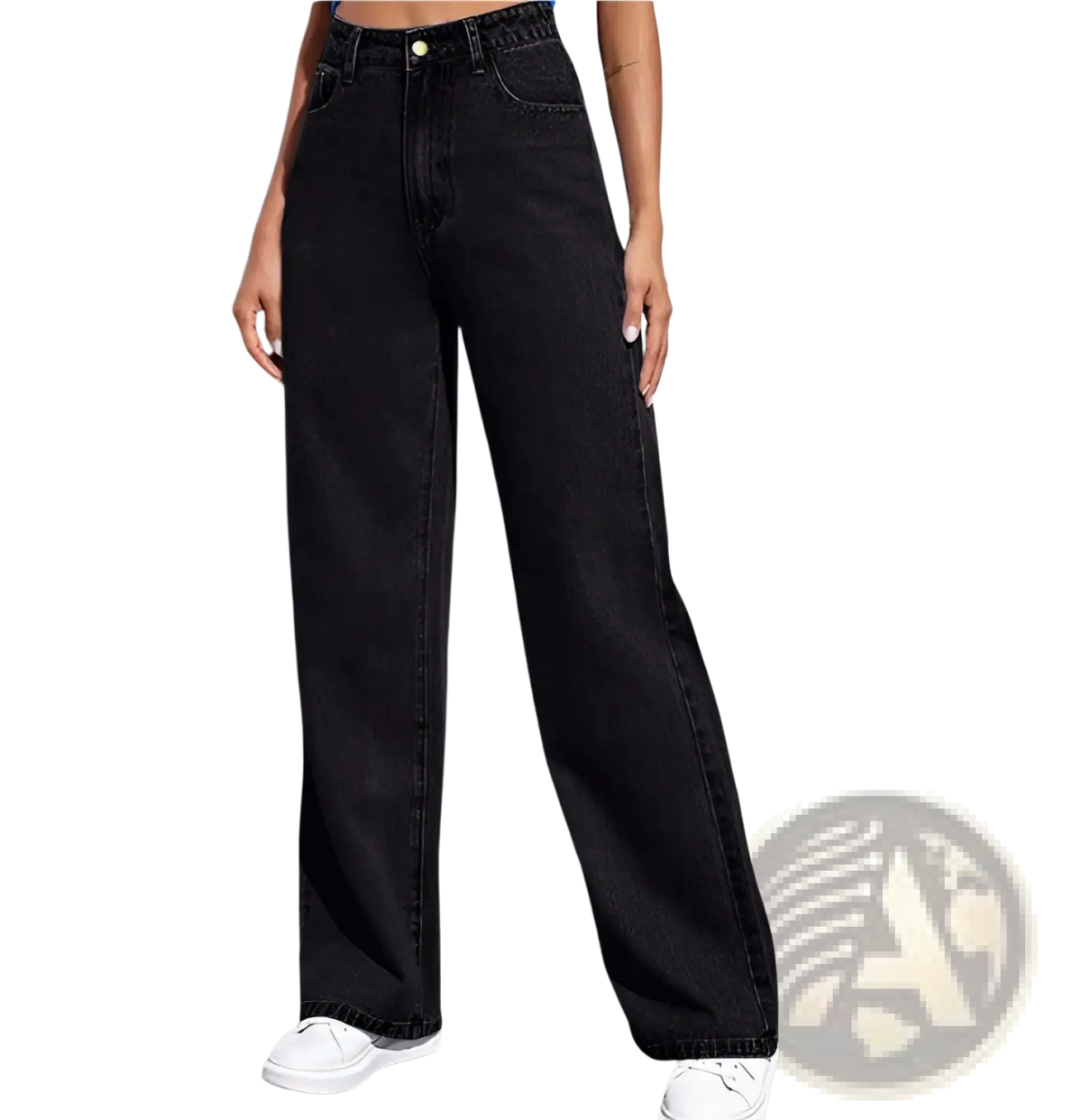 Women’s straight leg washed denim jeans in black high-waisted wide-leg style with five-pocket design and subtle thigh fading