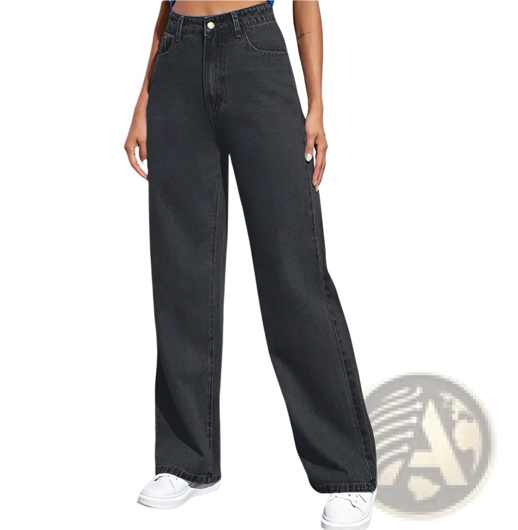High-waisted dark gray denim jeans with straight-leg cut and classic five-pocket design for women