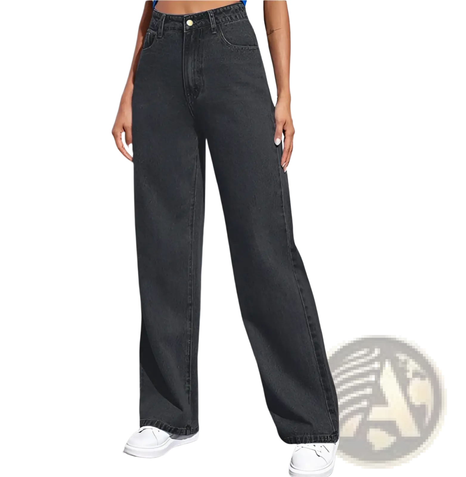 High-waisted dark gray denim jeans with straight-leg cut and classic five-pocket design for women