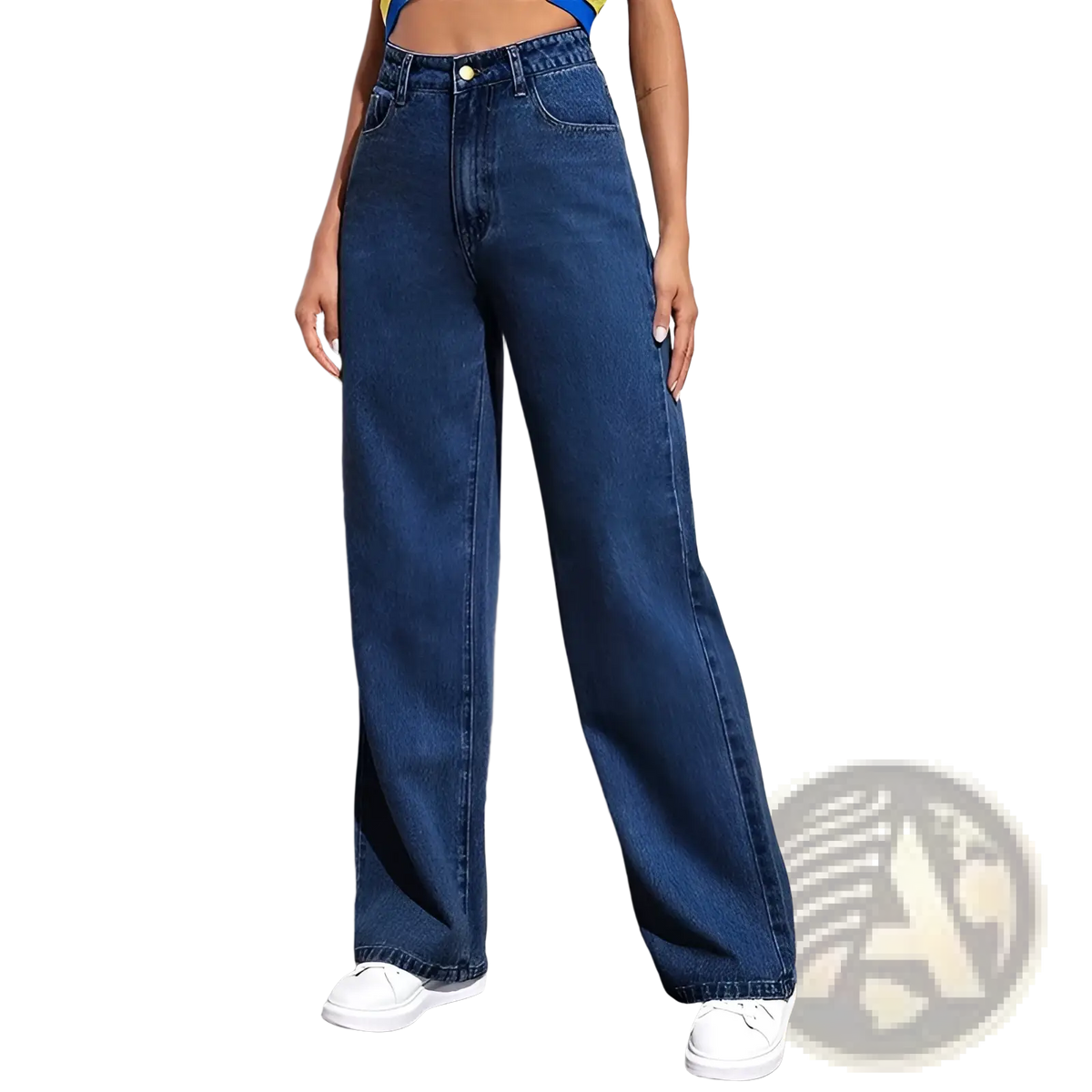 Women’s straight leg washed denim jeans in medium blue high waisted wide-leg cut with button closure