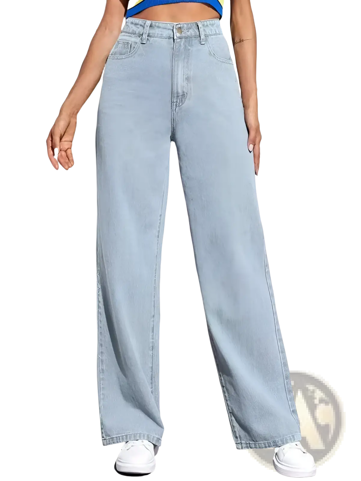 Light-wash denim high-rise wide-leg jeans for women made from washed denim with a straight leg fit
