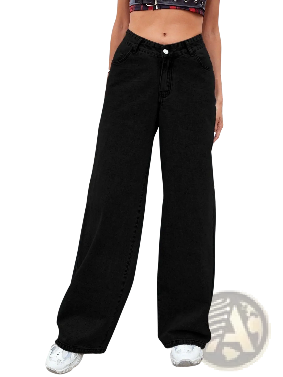 Black high waist wide-leg denim jeans with button closure for women in washed straight leg style