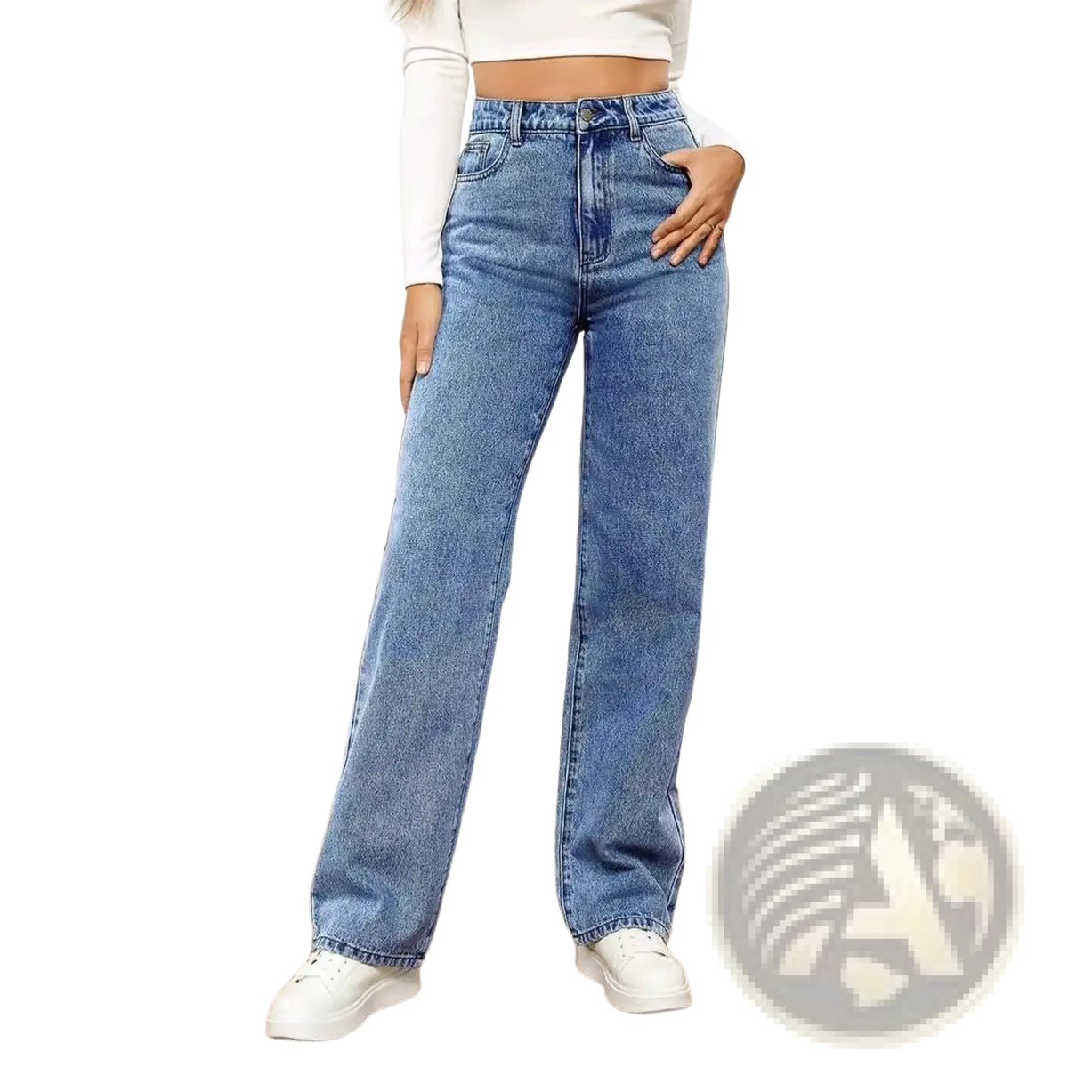 Women’s straight leg washed denim jeans in high-waisted blue cotton blend with a straight-leg cut visible from the front
