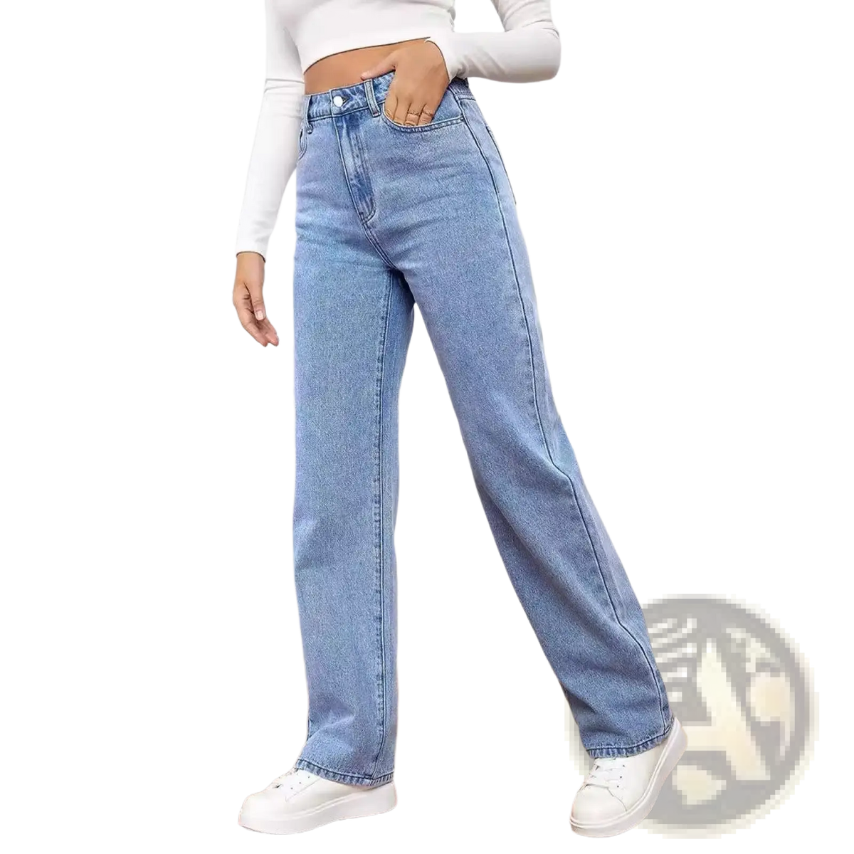 Women’s straight leg washed denim jeans in light wash with high-rise fit, straight leg, five-pocket design, and button closure