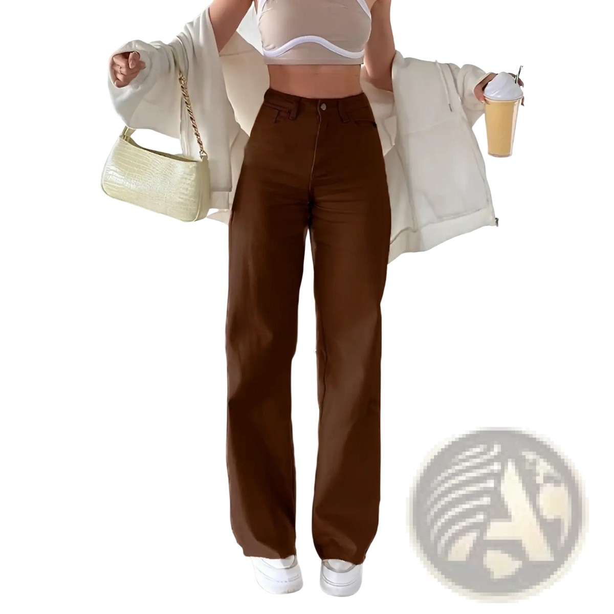 Brown high-waisted wide-leg jeans made of washed denim for women shown from the back side