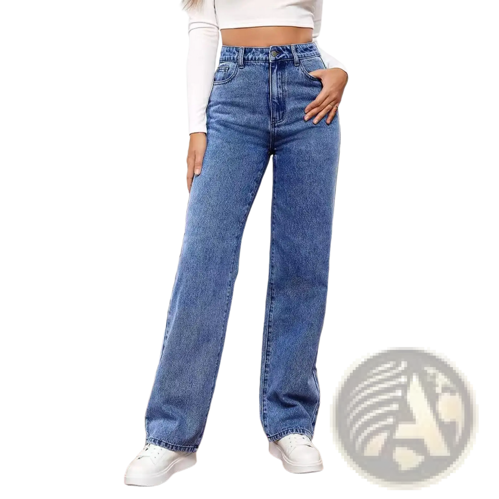High-waisted women’s straight leg washed denim jeans in blue made from durable denim material