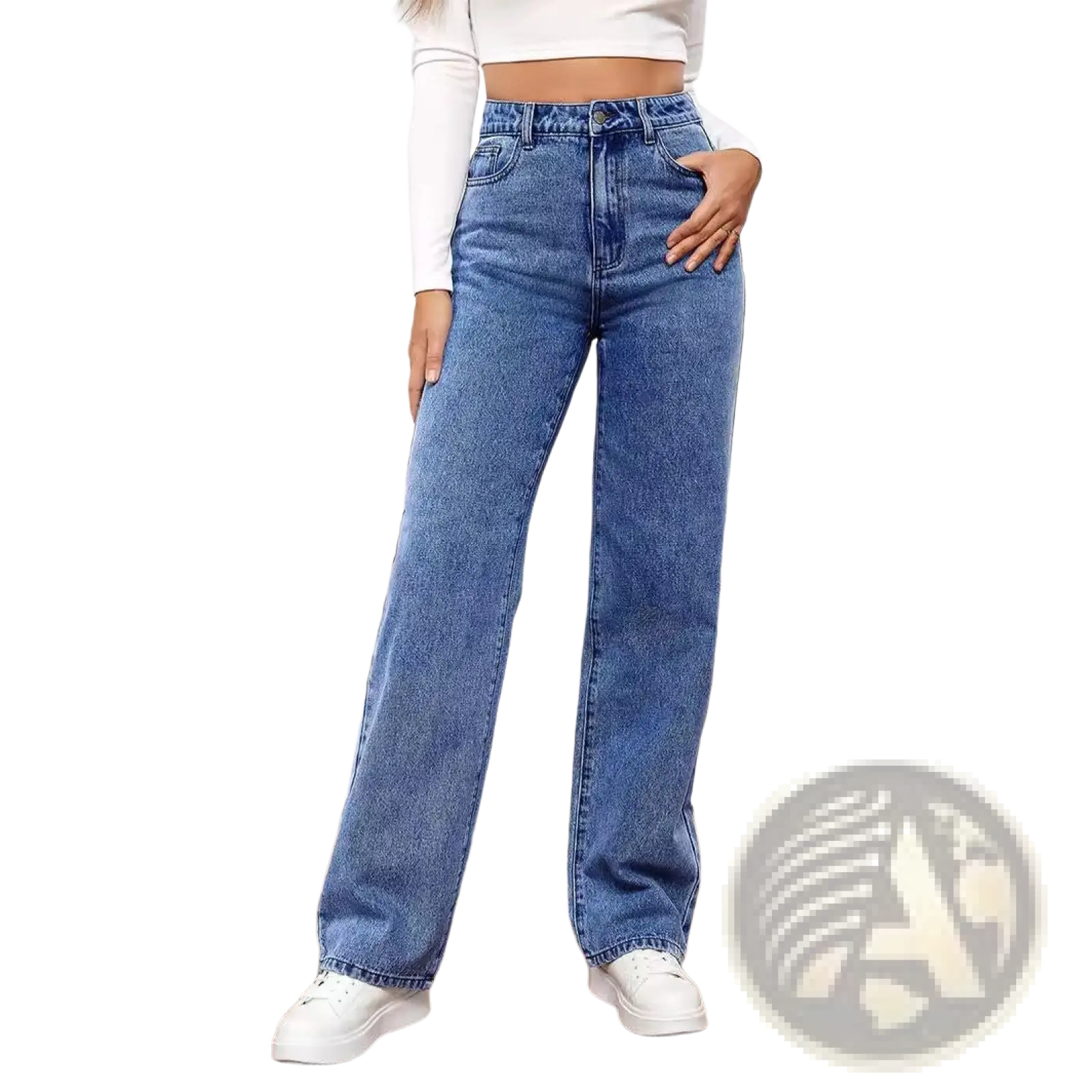 High-waisted women’s straight leg washed denim jeans in blue made from durable denim material