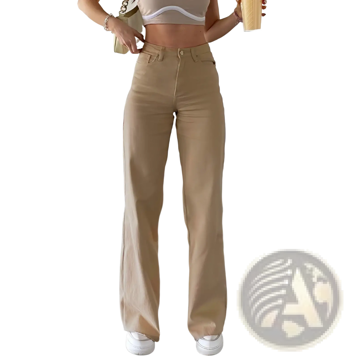 Beige high-waisted straight leg washed denim jeans for women in classic denim fabric with a flared cut