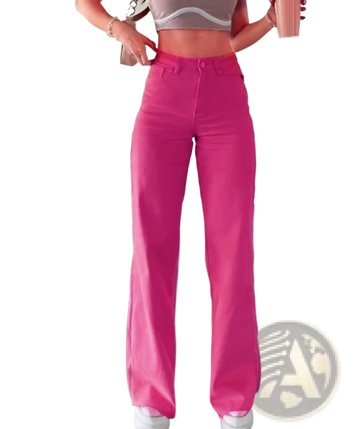 Bright pink high-waisted women’s straight leg washed denim jeans with a straight-leg cut in durable denim material