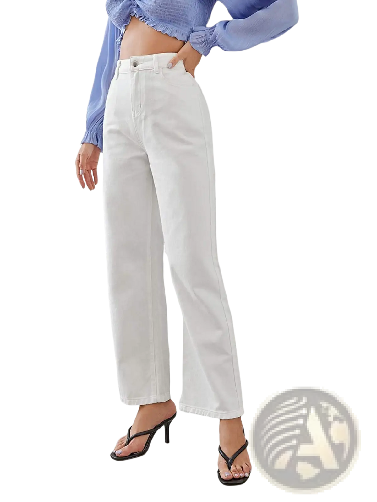 White high-waisted wide-leg denim pants in washed straight leg style for women in durable cotton material