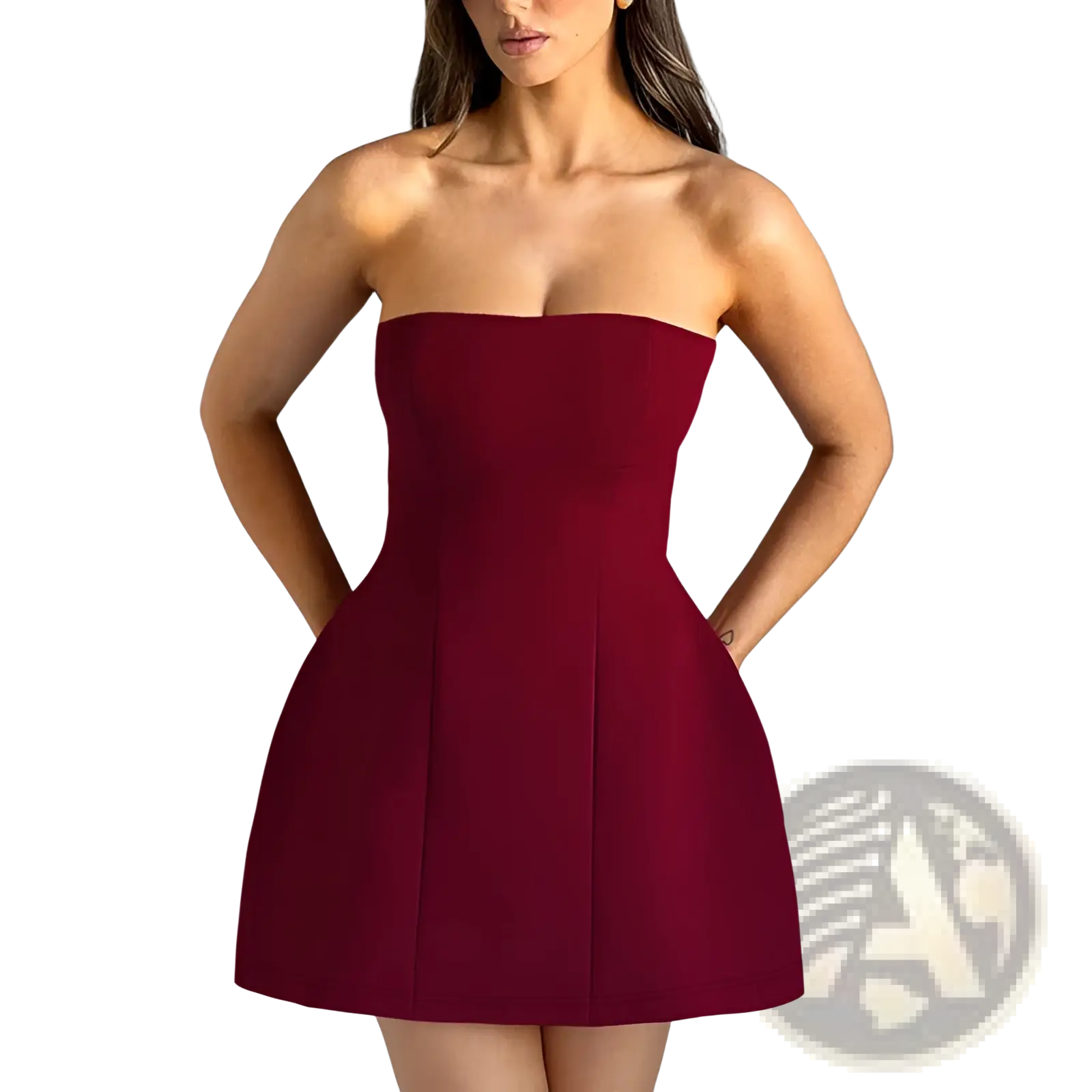 Women’s strapless a line mini dress in sleek burgundy with a fitted bodice and flared skirt