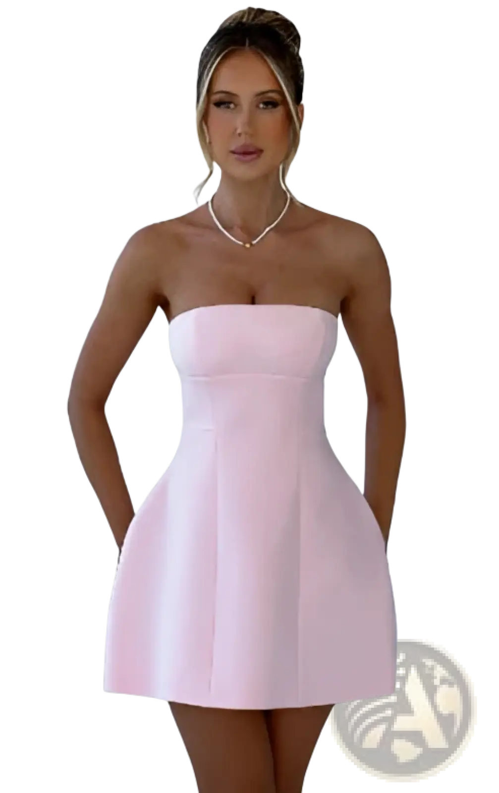 A soft pink women’s strapless a line mini dress with a fitted bodice and flared skirt in lightweight fabric