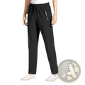 Women’s stretch casual pants in black with a sleek straight-leg cut and subtle side pocket detailing