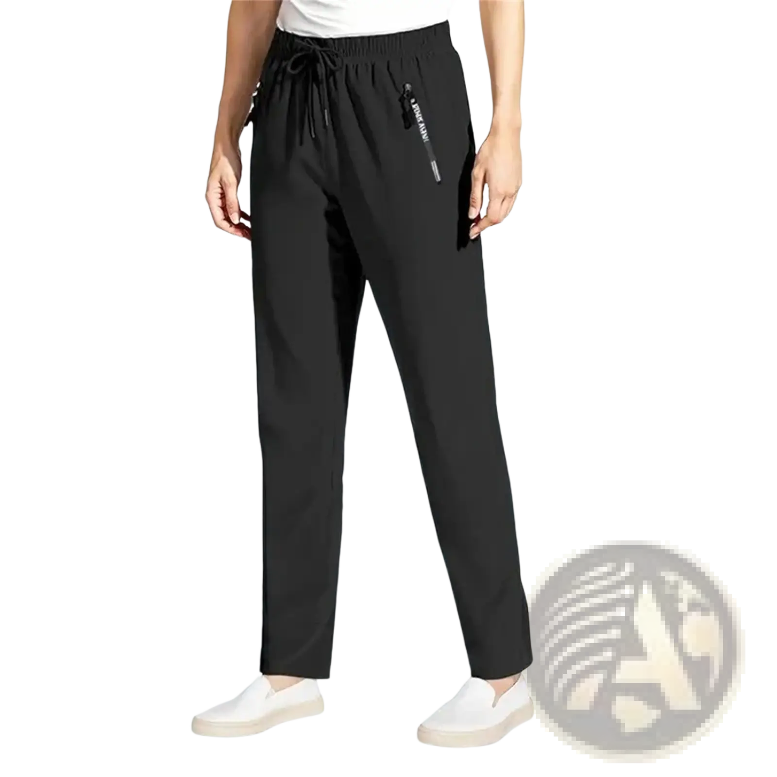 Women’s stretch casual pants in black with a sleek straight-leg cut and subtle side pocket detailing