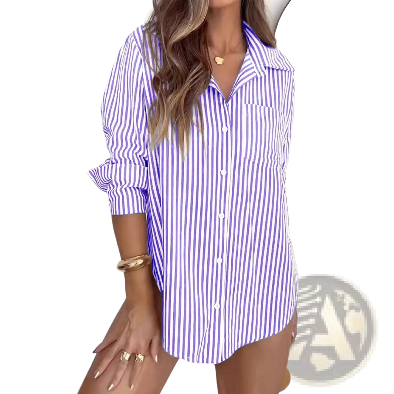 Women’s striped long sleeve button up shirt dress in vibrant purple and white vertical stripes with rolled cuffs