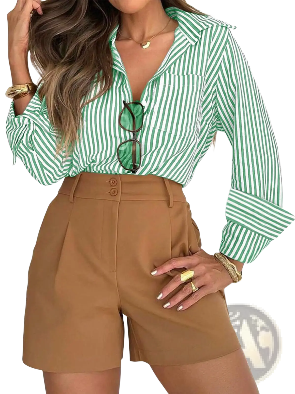Women’s green and white vertically striped long sleeve button up shirt dress with rolled cuffs and button closure