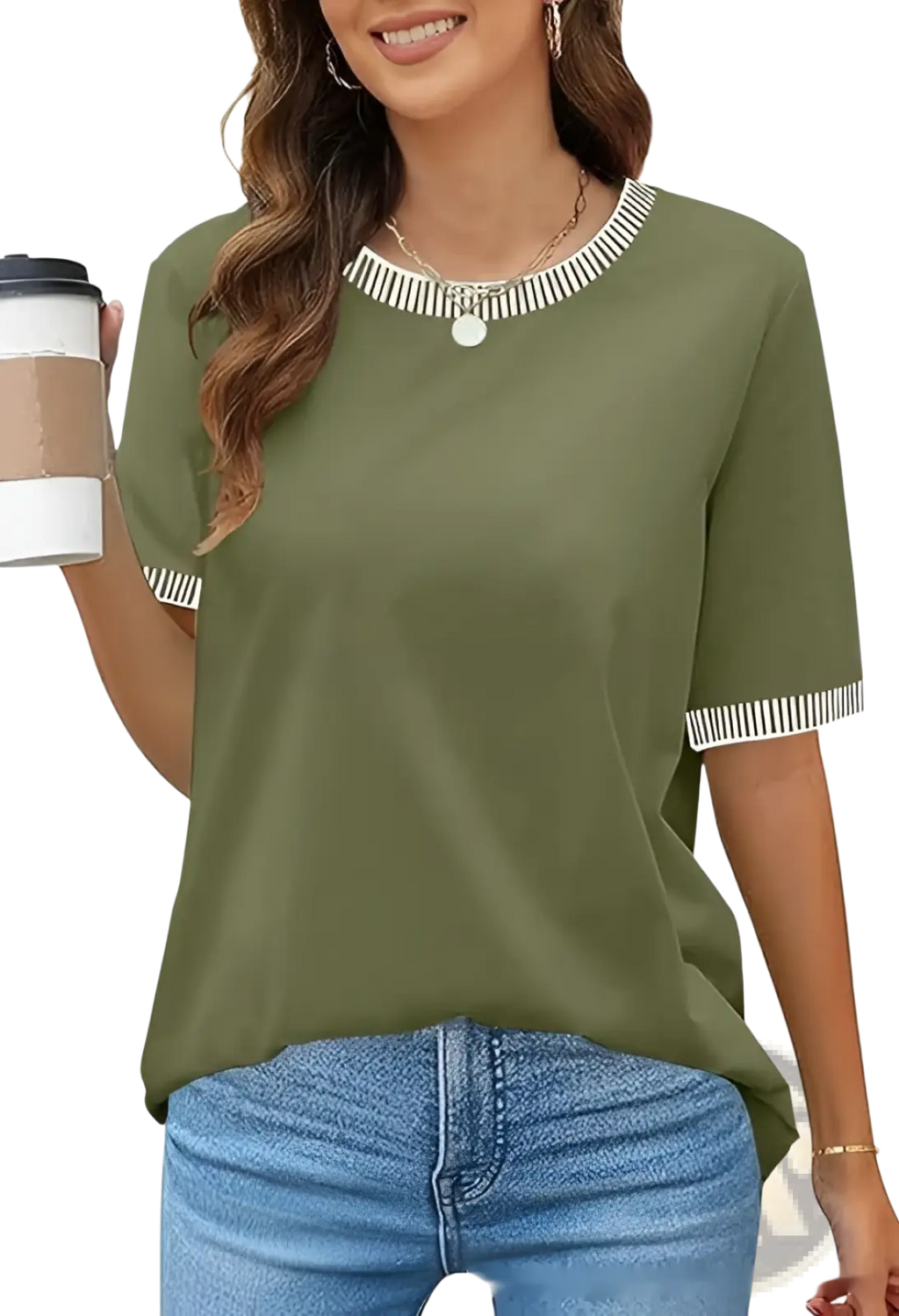 Women’s olive green short sleeve knit top with white striped trim along neckline and sleeve cuffs