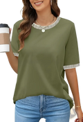 Women’s olive green short sleeve knit top with white striped trim along neckline and sleeve cuffs