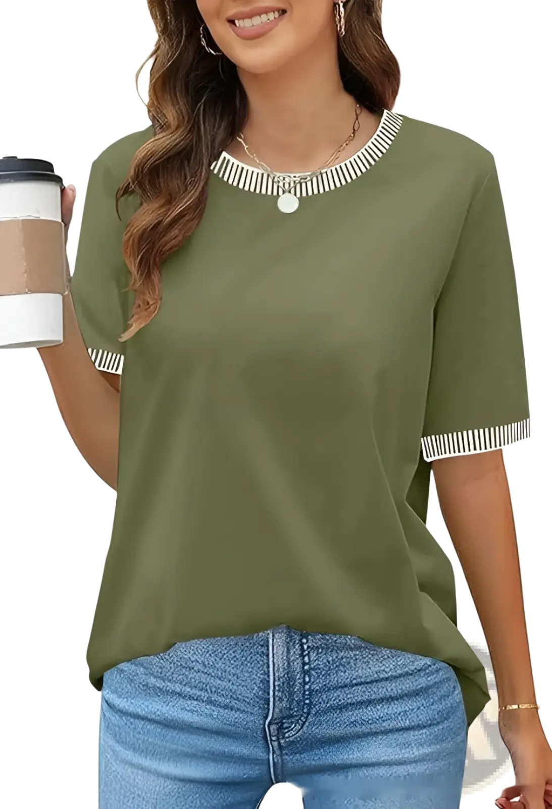 Women’s olive green short sleeve knit top with white striped trim along neckline and sleeve cuffs