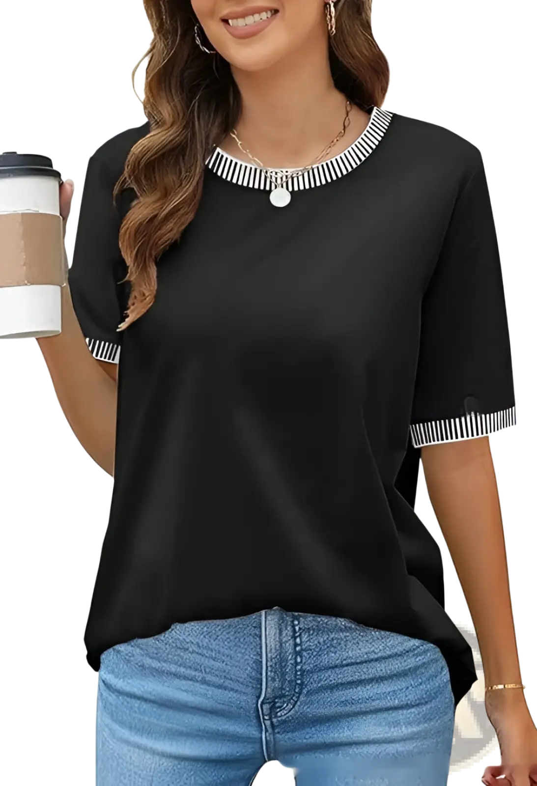 Women’s black short sleeve knit top with white striped ruffle trim collar and sleeve cuffs