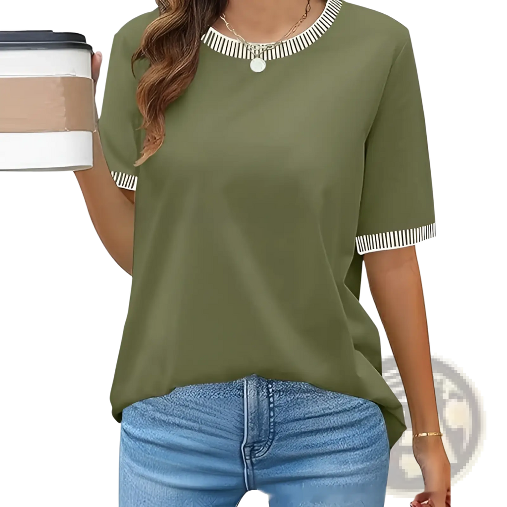 Women’s olive green short sleeve knit top with white striped ruffle trim at neckline and cuffs