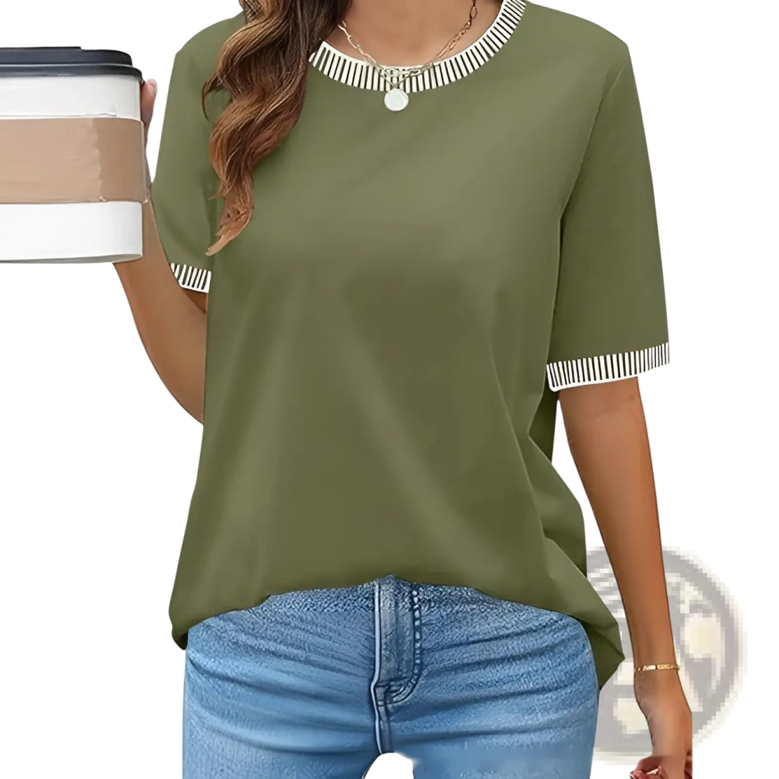 Women’s olive green short sleeve knit top with white striped ruffle trim at neckline and cuffs