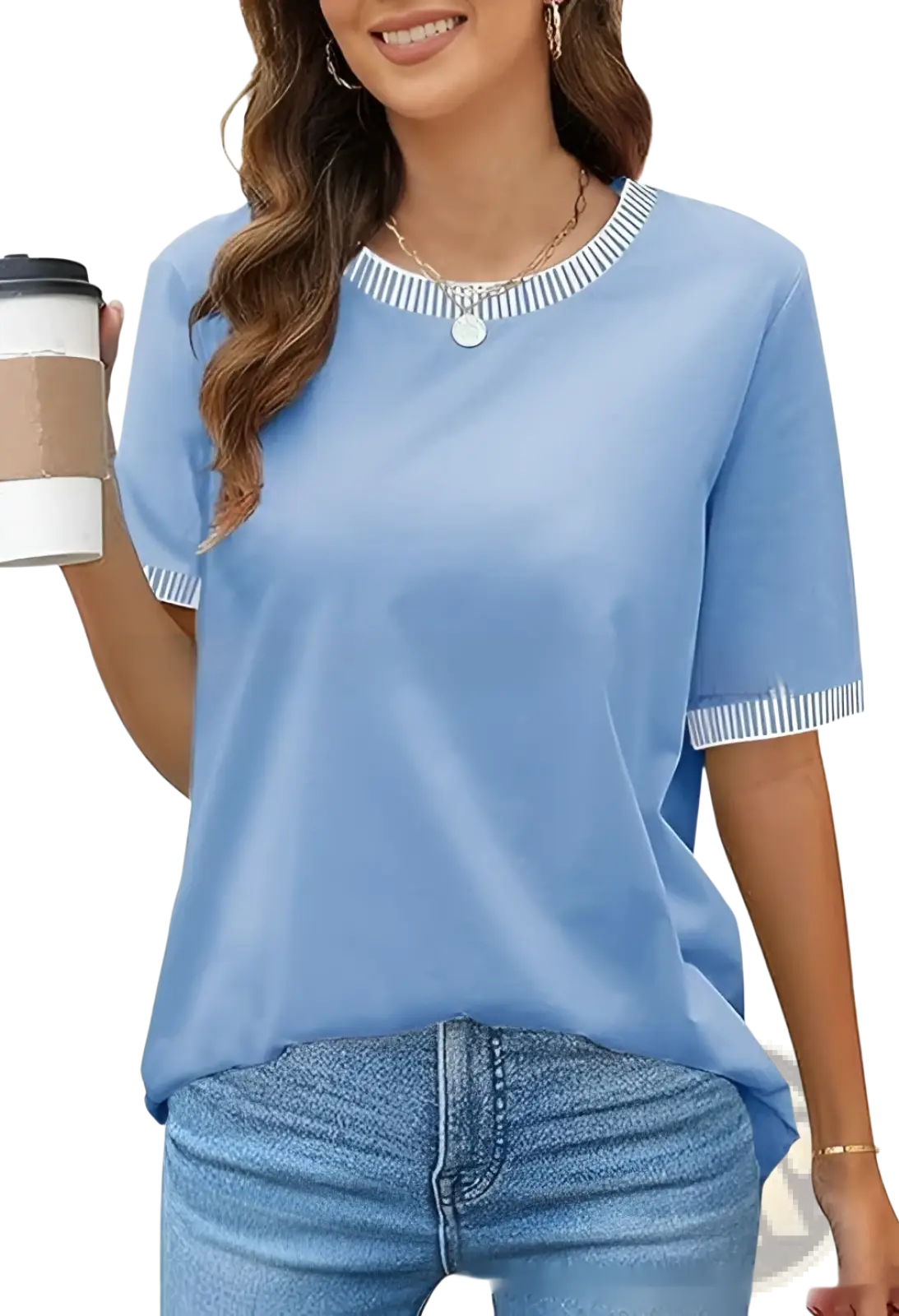 Light blue women’s short sleeve knit top with ribbed collar and cuffs featuring white stripes and ruffle trim