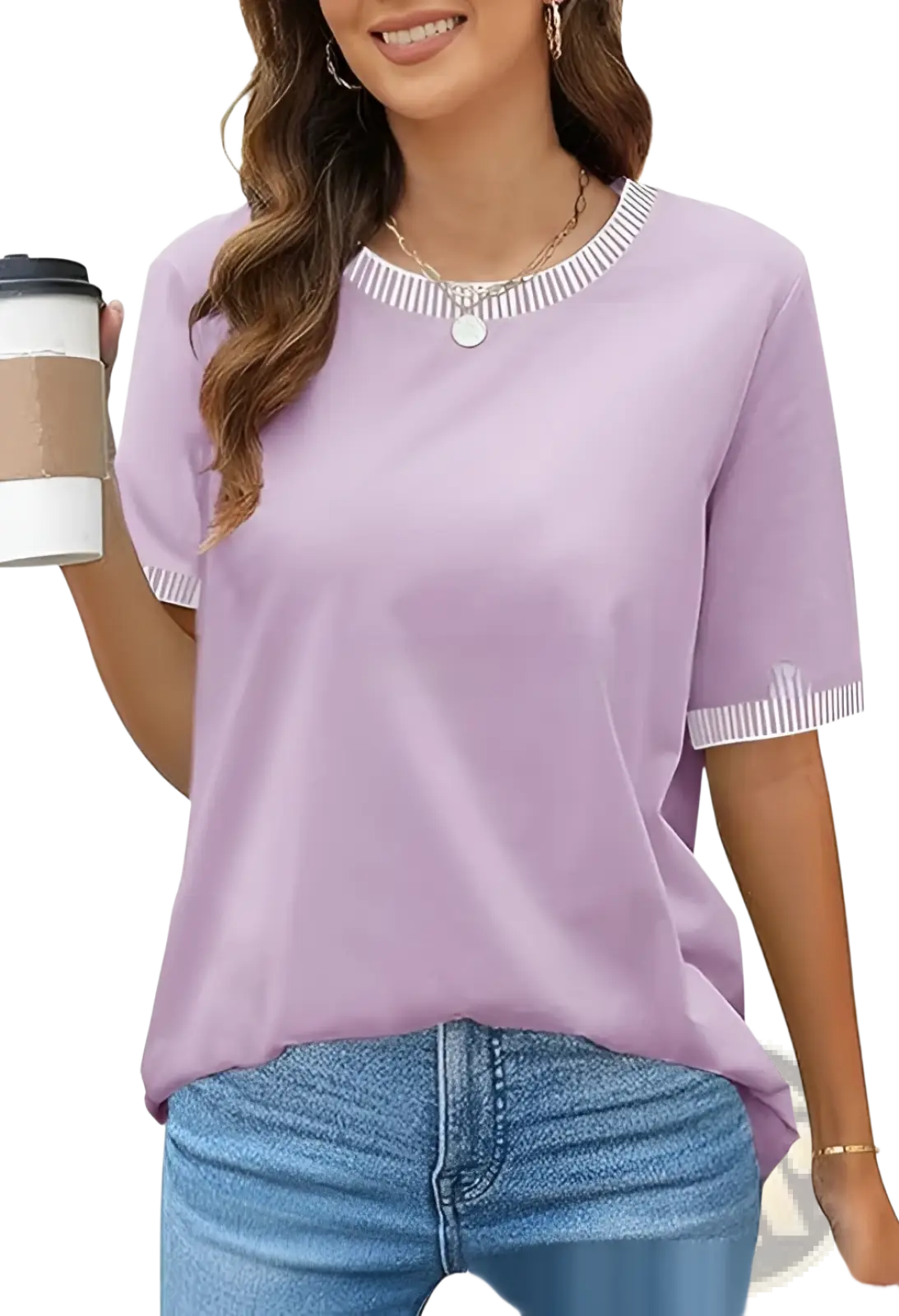 A soft lavender women’s striped ruffle trim short sleeve knit top with ribbed collar and white vertical stripe cuffs