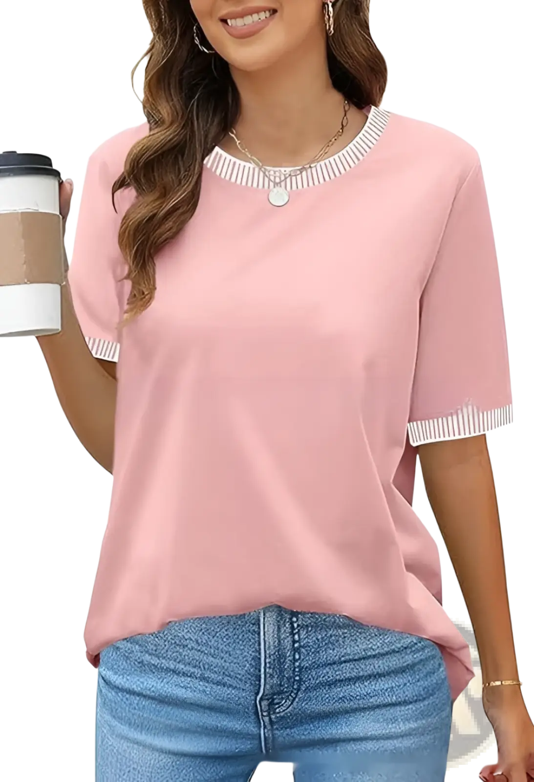 A soft pink women’s short sleeve knit top with white striped ruffle trim on collar and sleeve cuffs