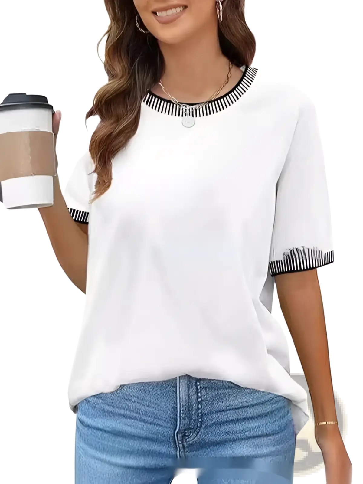 Women’s white short sleeve knit top with black and white striped ruffle trim on neckline and cuffs