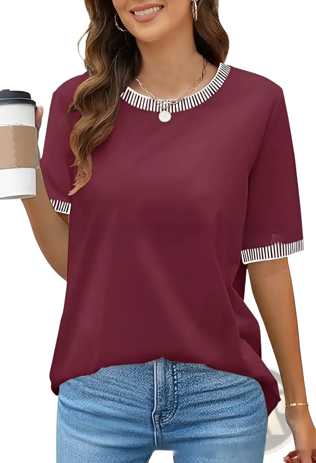 Women’s maroon knit short sleeve top with black and white striped ruffle trim at neckline and sleeve cuffs