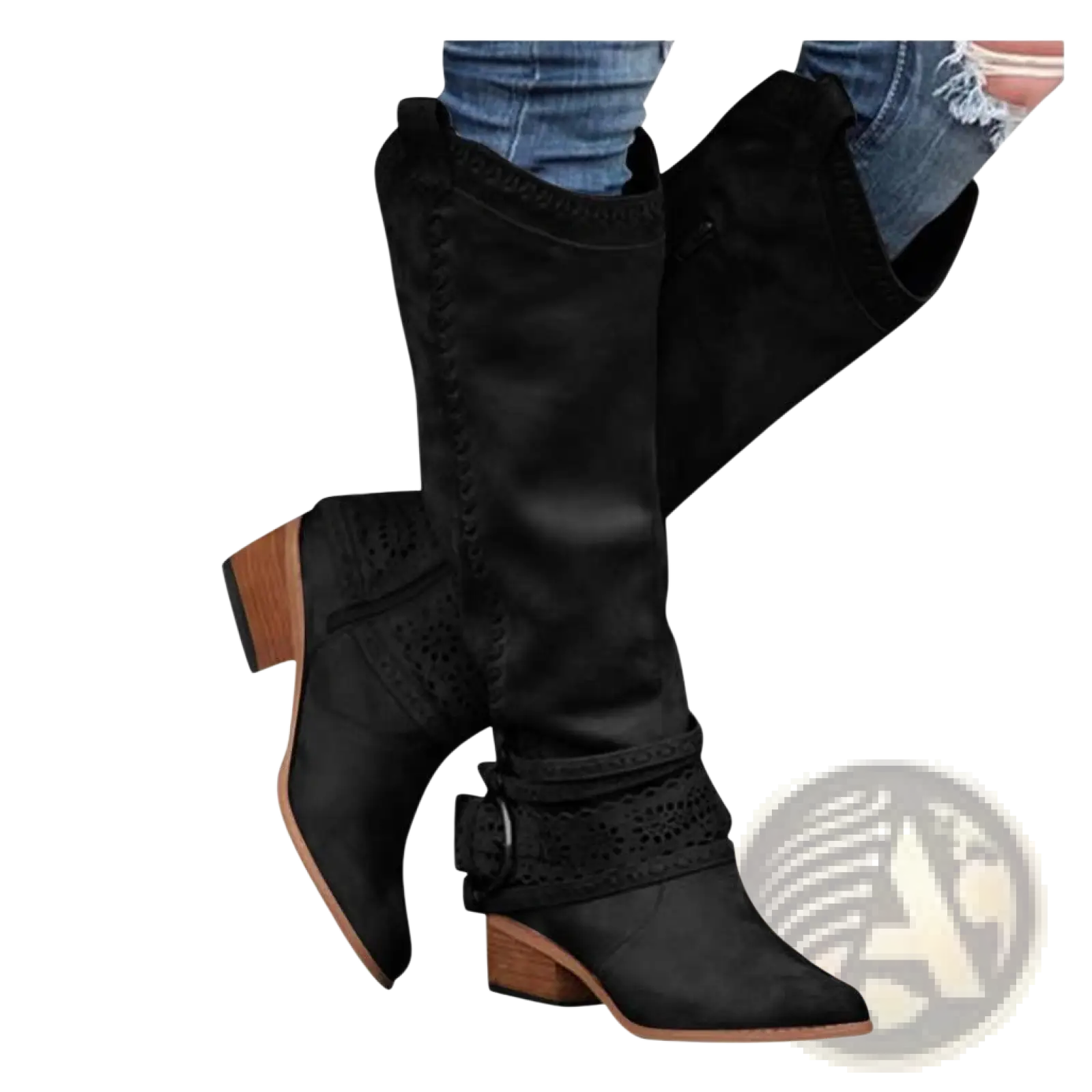 Black suede women’s knight boots with knee-high design low block heel and perforated buckle strap detailing