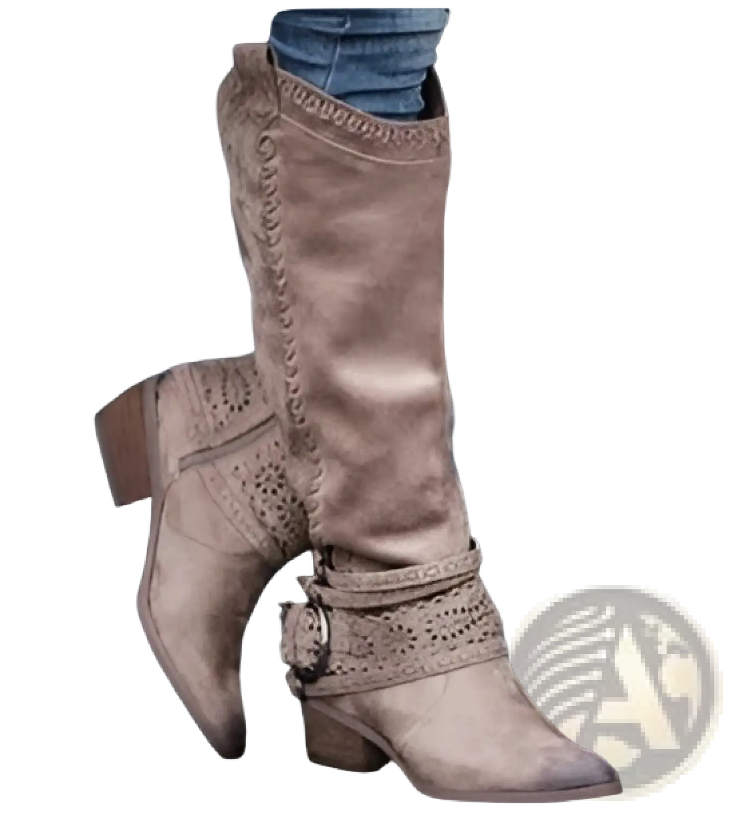 Women’s tan suede knight boots featuring decorative stitching and a buckle strap for stylish wear