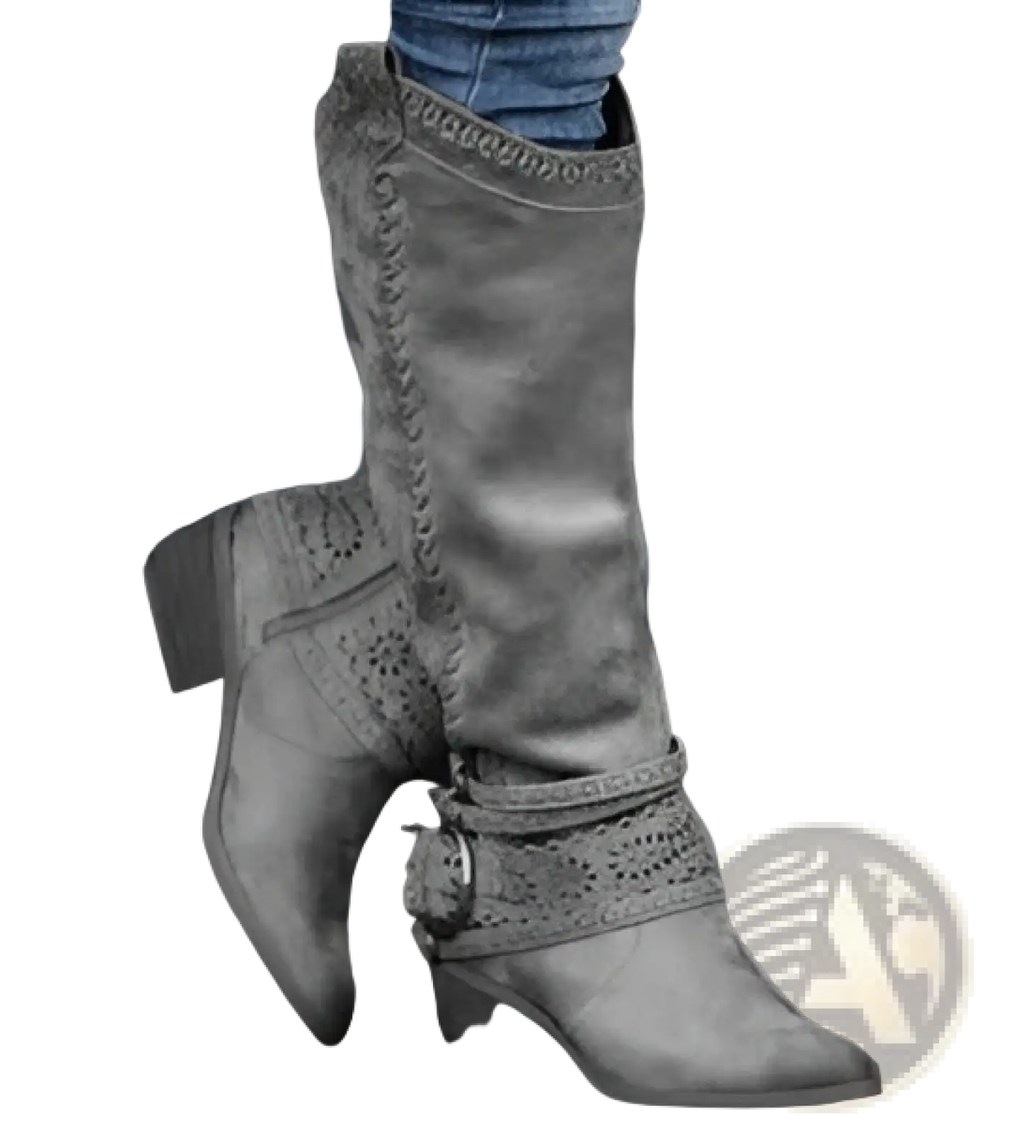 Women’s gray suede knight boots featuring decorative stitching and a buckle strap detail