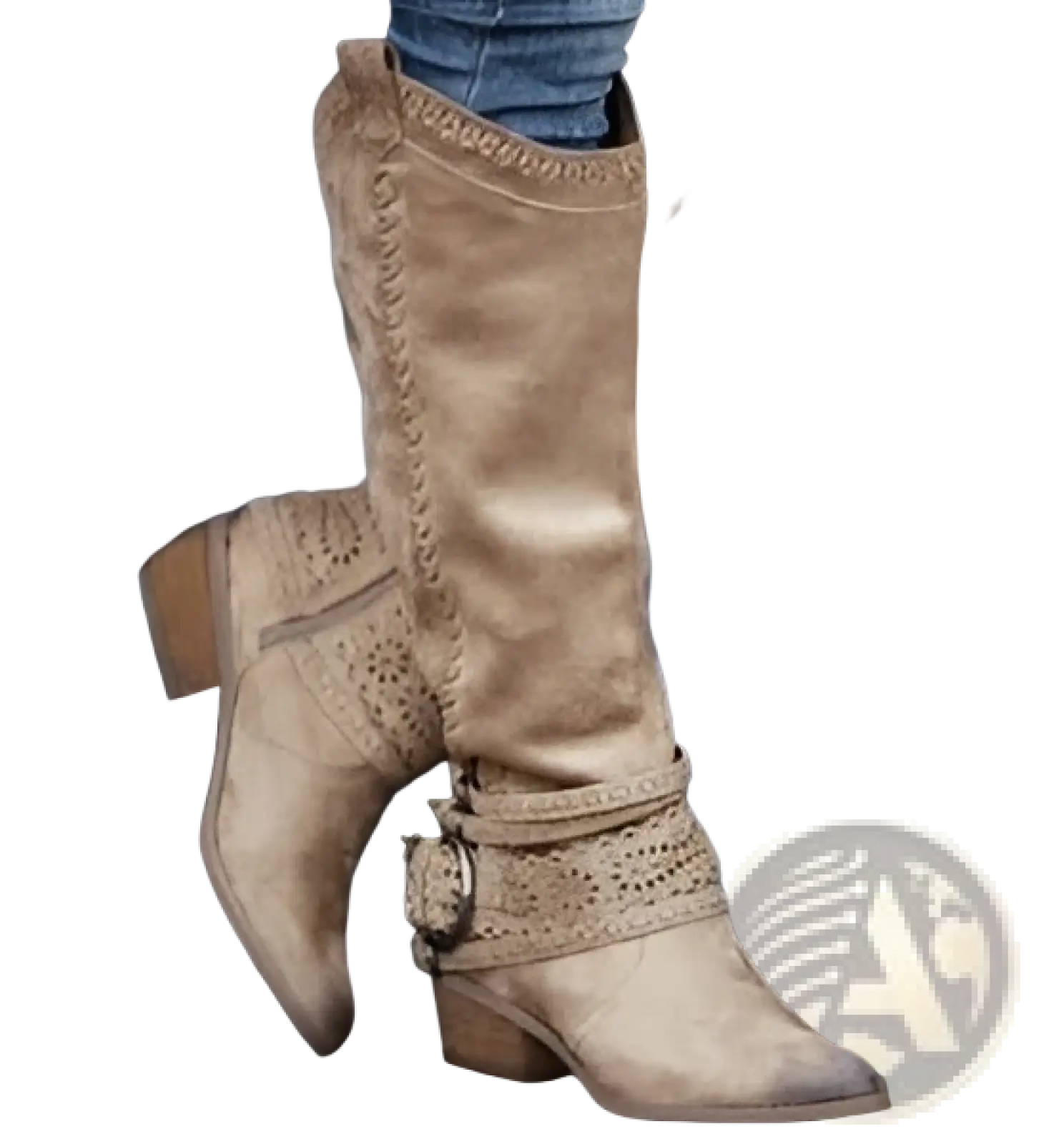 Women’s tan suede knee-high knight boots with decorative stitching and buckle strap detail