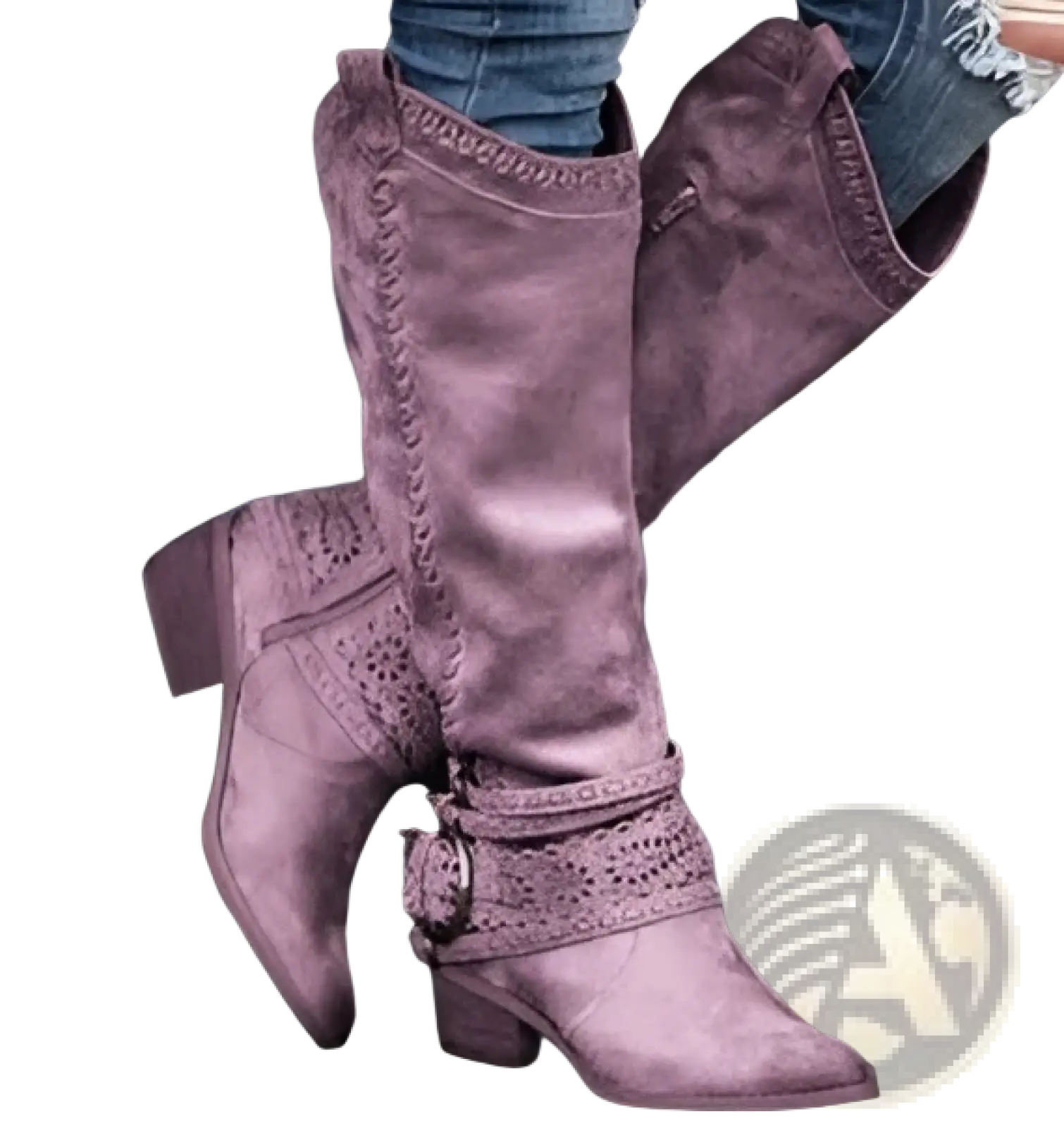 Women’s pink suede knee-high knight boots with decorative stitching and buckle strap detail