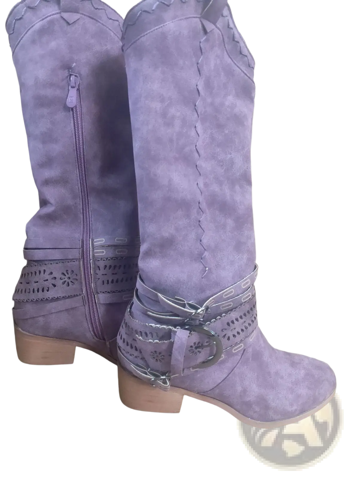 Purple suede women’s knight boots with decorative stitching, cut-out ankle patterns, and a silver buckle strap