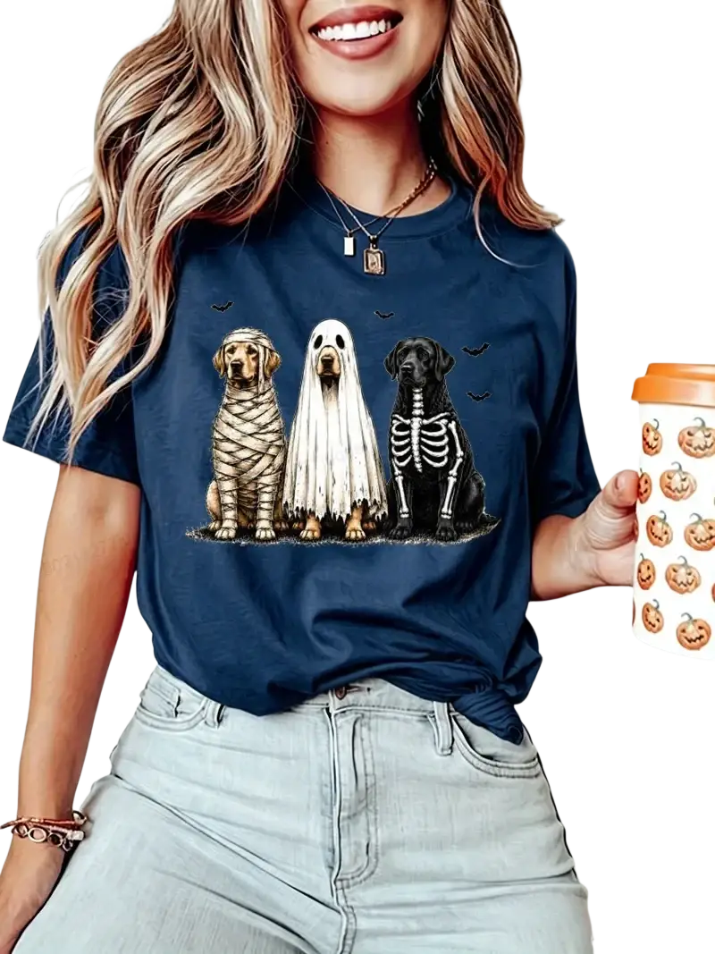 Navy blue short sleeve women’s t-shirt featuring Halloween dog graphic with mummy ghost and skeleton costumes