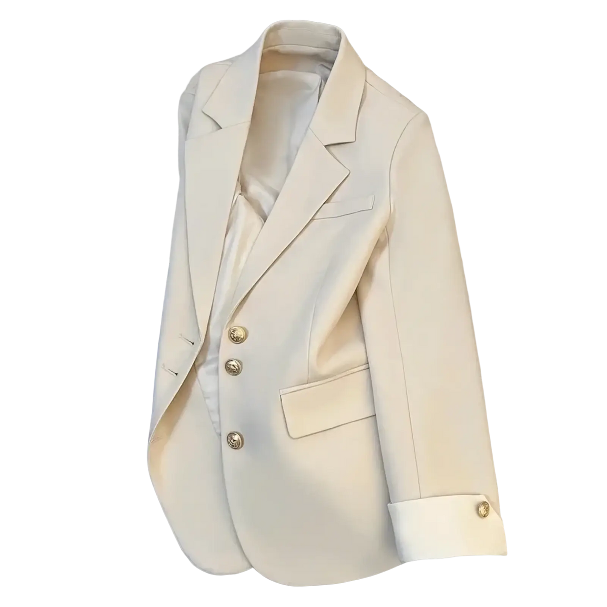 Cream-colored women’s tailored blazer with gold buttons featuring a sleek and structured design for formal occasions
