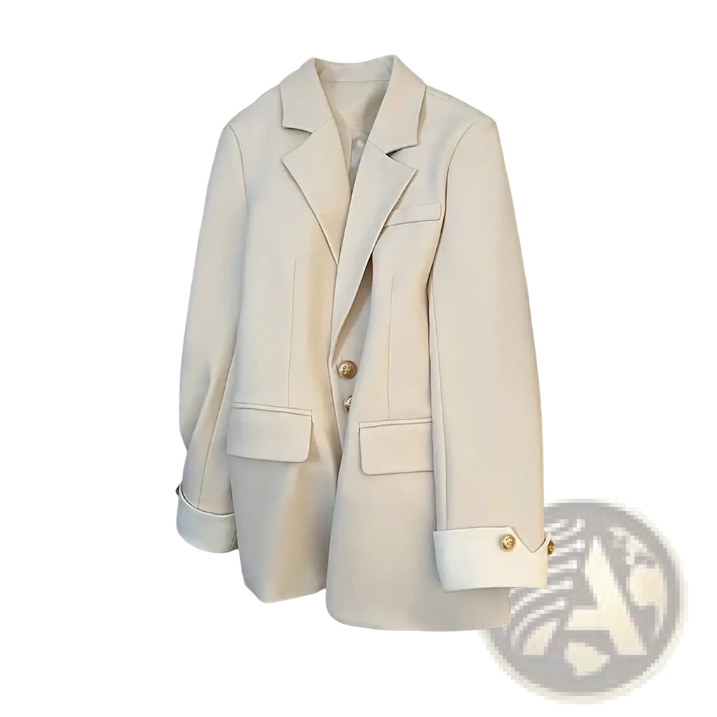 Cream-colored women’s tailored blazer suit jacket with gold-toned buttons and a fitted design for formal wear