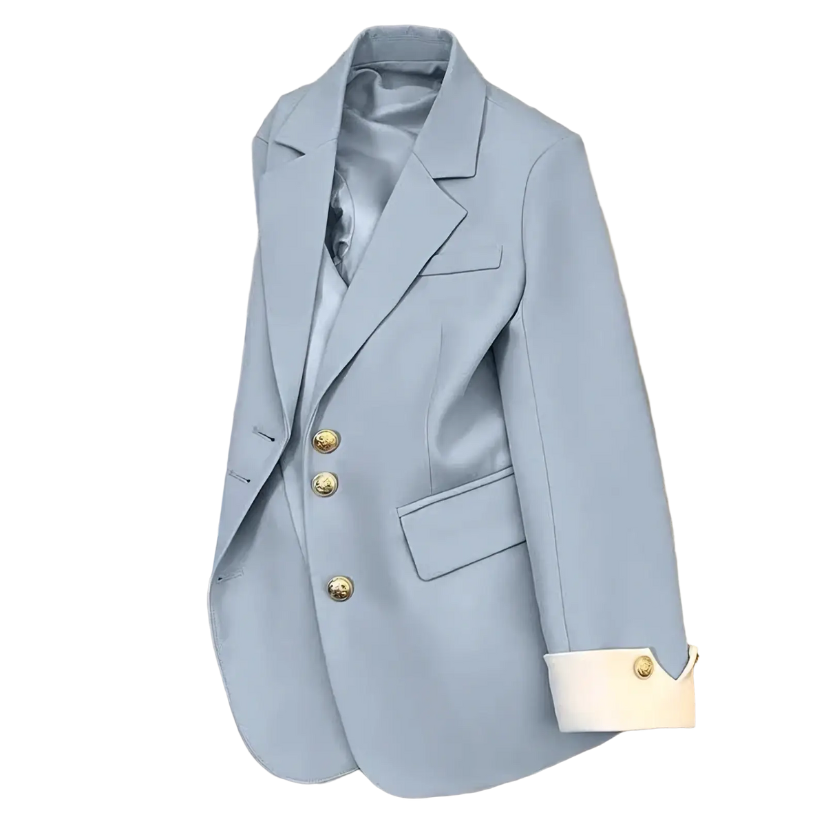 Women’s tailored blazer gold button suit jacket in light blue with gold buttons and cream-colored cuff accents