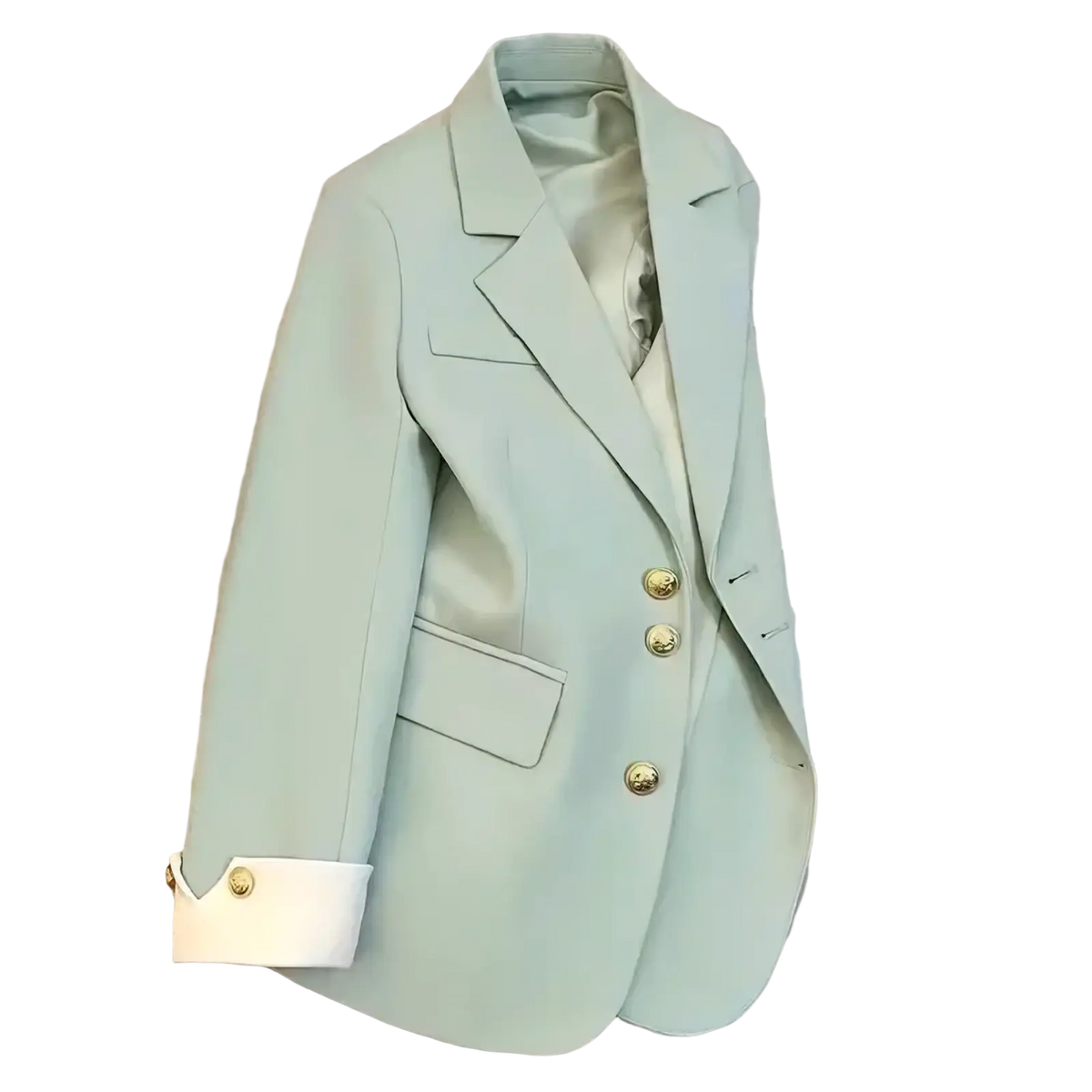 A women’s tailored mint green blazer with gold buttons and white cuffs for a stylish suit jacket look