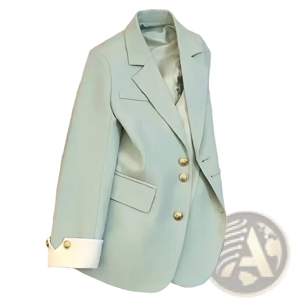 A women’s tailored mint green blazer with gold buttons and white cuffs for a stylish suit jacket look