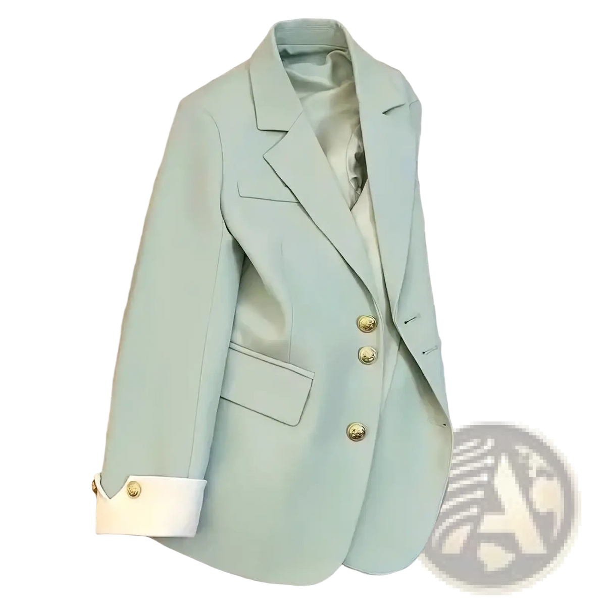 A women’s tailored mint green blazer with gold buttons and white cuffs for a stylish suit jacket look