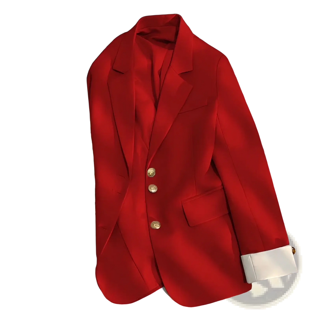 Women’s tailored blazer in vibrant red with gold buttons and white cuff accents for a polished suit jacket look