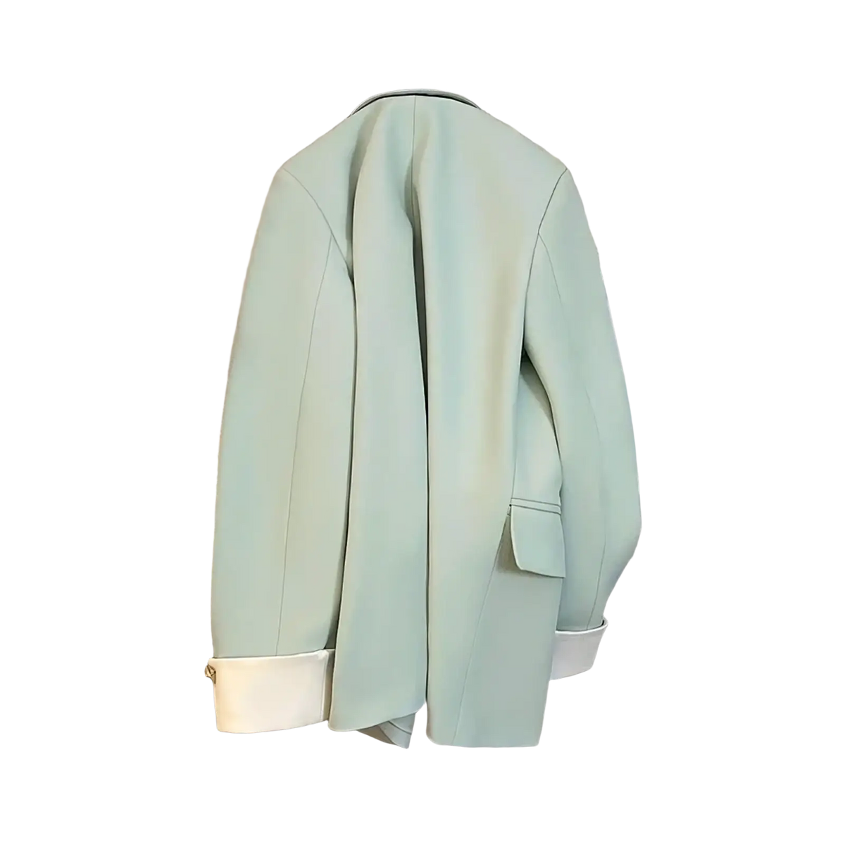 Women tailored blazer suit jacket in sleek mint green with white cuffs and gold button detailing in a tailored fit