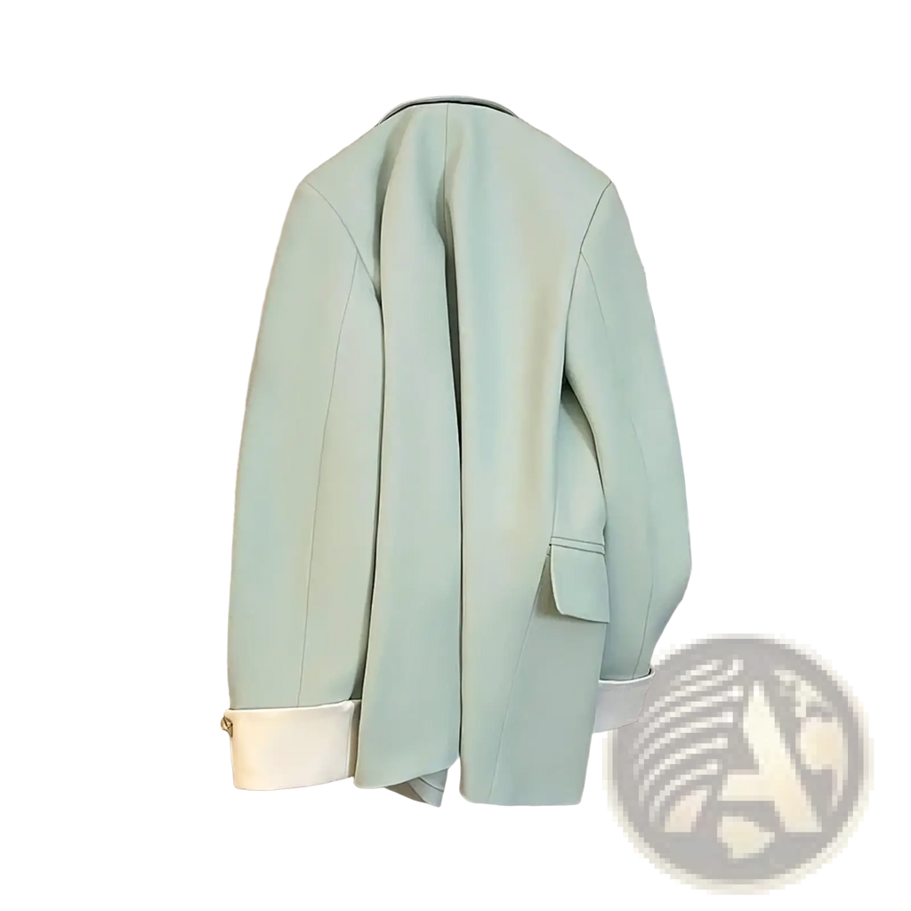 Women tailored blazer suit jacket in sleek mint green with white cuffs and gold button detailing in a tailored fit