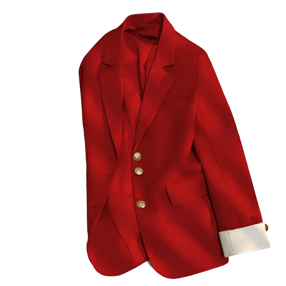 Women’s tailored blazer in vibrant red with gold buttons and white cuff accents for a polished suit jacket look