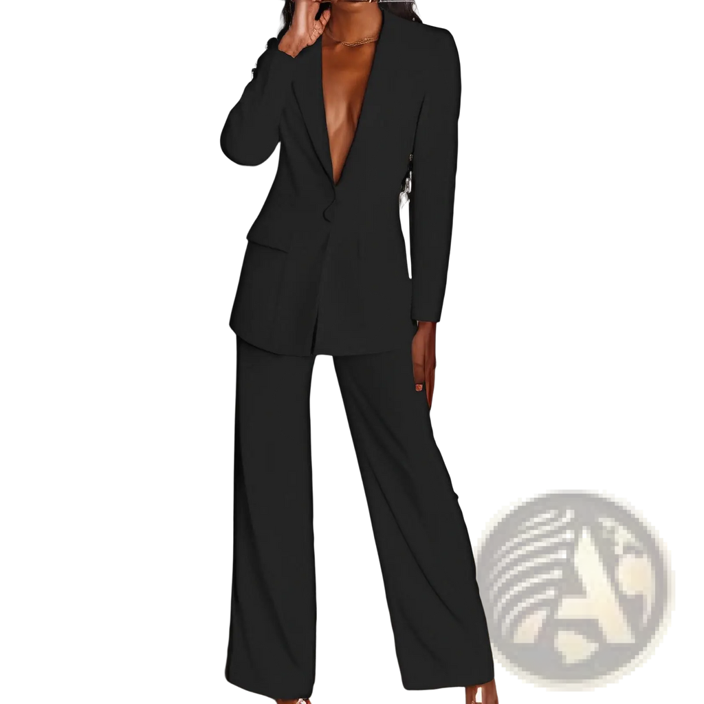 Black tailored blazer with deep v-neckline and long sleeves paired with matching wide-leg trousers suit set