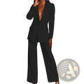 Black tailored blazer with deep v-neckline and long sleeves paired with matching wide-leg trousers suit set